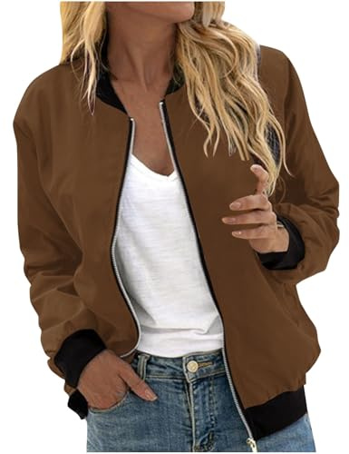 EMATOP Bomberjacke Damen Casual Langarm College Jacke Leichte Elegant Fliegerjacke Einfarbig Bequem Pilotenjacke Zip Up Übergangsjacke mit Taschen Sportjacke Locker Lässig Bikerjacke Outwear