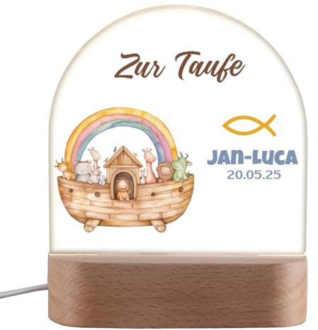 polar-effekt LED Nachtlicht aus Acrylglas personalisiert für Kinder - Taufgeschenk für Mädchen & Jungen - Nachttischlampe mit Motiv Arche Noah - Tischleuchte mit Namen