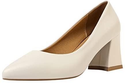 UK 7 Ladies Pointed Toe Court Shoes -6 Cm Chunky Block Heels Wedding Party Elegant Slip on Pumps Shoes YL25DFG0207 Cream Footwear