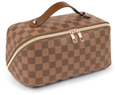 BAYANKALA Leather Travel Makeup Bag, Large Capacity Cosmetic Bag for Women, Waterproof Portable Pouch with Divider, Toiletry Organizer with Handle, 10.5x5x5 Inches, Deep Brown
