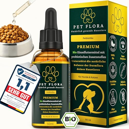Pet Flora Probiotika für Hunde und Katzen – 100% Bio Tropfen 50 ml – Flüssiges Probiotikum für Darmflora Aufbau und Verdauung bei Haustieren – Probiotisches Einzelfuttermittel – Petbiotika