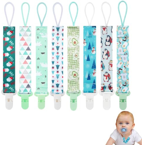 Juego de 8 piezas de cadena para chupetes (con clip de seguridad), apto para niños y niñas, cadena para chupetes de silicona, cadena para chupetes y clip para chupetes, fácil de limpiar (verde).
