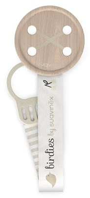 Suavinex, Portaciuccio in Tela per Neonati, Nastro con Decoro su due lati, Catena Ciuccio Neonato, Clip con Pinza. Per bambini +0 mesi, adatto per neonati, Birdies, beige