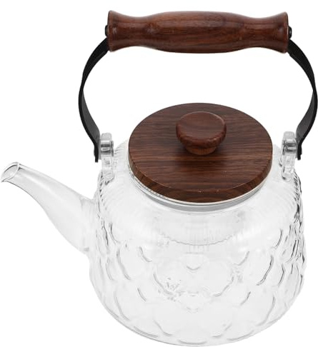 HIAKDOFT Théière Verre Transparent Résistante Chaleur Bouilloire à Thé Vintage avec Poignée Bois Confortable Pot de Cuisson Clair pour Vrac Usage Domestique et Bureau