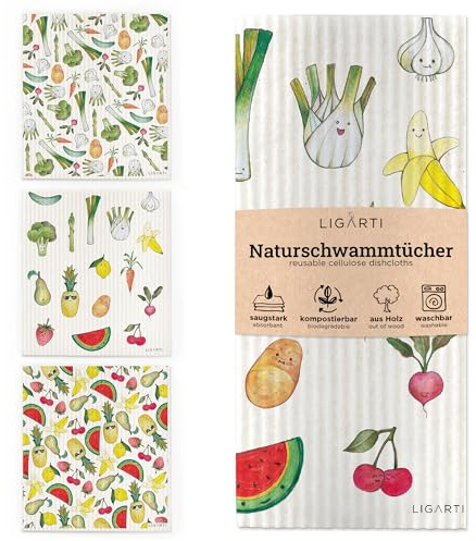 Ligarti® Schwammtücher aus Holz (100% öko & waschbar) 3er Set Spültücher nachhaltig kompostierbar I Allzwecktücher für den Haushalt Made in Germany I Spüllappen, Spülschwamm (Obst & Gemüse)
