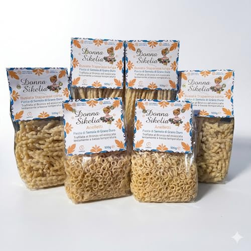 Donna Sikelia Box Pasta Siciliana Artigianale 3kg (6x500g) – Busiate Corte, Busiate Lunghe, Anelletti – Trafilata al Bronzo, Essiccazione Lenta – Grano Duro Siciliano