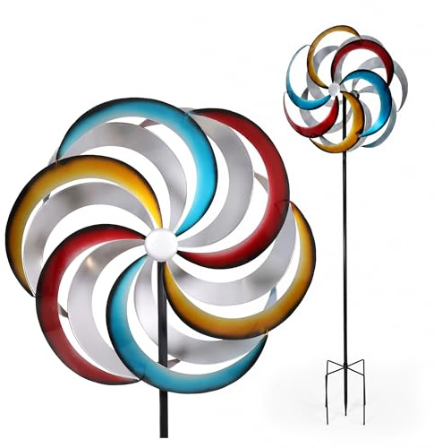 Lemodo Windrad Garten, Metall Windspiel Rainbow, 2 gegenläufige Propeller, richtet Sich nach Wind, 213 cm, 4-er Erdspieß, buntes Gartendeko Windrad für Beet, Rasen, Terrasse & Balkon, Gartenstecker