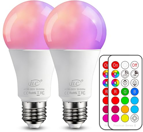 iLC Farbige Leuchtmittel LED RGBW Lampe Edison Dimmbare Farbige Leuchtmitte Lampen 10W E27 RGB LED Birnen- Dual Memory - 12 Farben - Kabellos Fernbedienung inklusive (2-er Pack)
