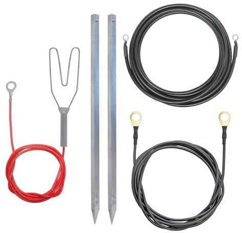 VOSS.farming Anschluss-Set komplett für Weidezaungerät – Zwei hochwertige Erdstäbe + Zaunanschlusskabel + Erdanschlusskabel – Erdung für Stromzaun Elektrozaun Erdanschluss