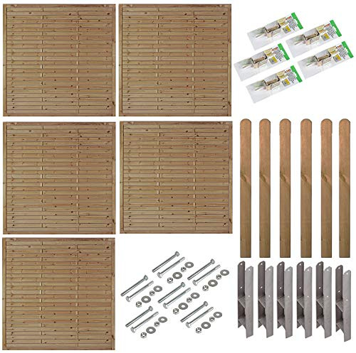 Lamellenzaun Komplettset Hamburg 9,5 m Sichtschutz aus Holz – 5 Zaunelemente 180x180 cm + 6 Pfosten 9x9x190 cm inkl. H-Pfostenträger, Schrauben & Winkel