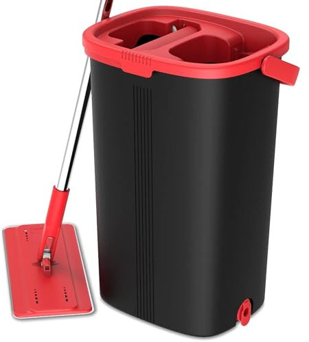 TETHYS Set di mocio e secchio per pavimenti piatti per sistema di pulizia professionale dei pavimenti con manico in alluminio/2 panni in microfibra lavabili, perfetto per la casa e la cucina per legno