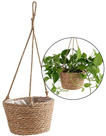 Sangda Hanging Basket Jute Rope Hanging Basket Foldable Seagrass Macrame Basket for Succulent Plants Indoor Outdoor Decor