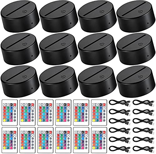 Honoson 12 Sets 3D Night LED Light Lamp Base 16 Colors LED Light Display Base with Remote Control USB Cable for Acrylic and Resin Glass for Restaurant Room(3.35 Inch,Black)