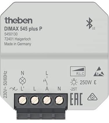 Theben 5450130 DIMAX 545 plus P UP-Universaldimmer R/L/C App 250 W LED | Unterputz, automat. Lasterkennung, Bluetooth Low Energy, App iOS/Android, Astrofunktionen, Szenen, Memory, Soft-EIN/AUS