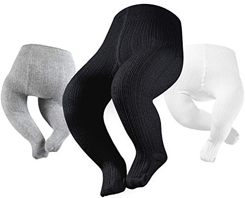 Petrass Baby Girls Cable Knitted Tights Infant Full-Footed Seamless Cotton Tights New-born Girls Seamless Leggings Black/Ivory/Grey 12-18 Months