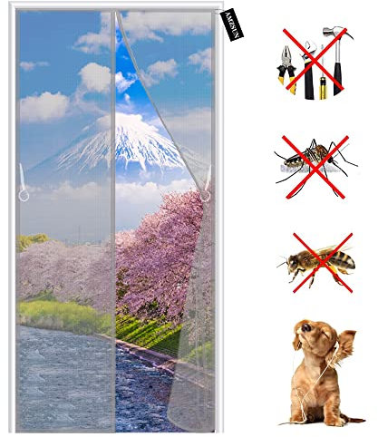 Magnet Fliegengitter Tür 110 x 225 cm Magnetvorhang Insektenschutz Balkontür,Kratzfest,Stärkere Magneten Fliegenvorhang für Balkontür, Kellertür und Terrassentür Ohne Bohren - Grau