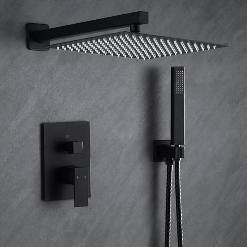 Fransiton Shower Faucet set with Shower head 10 Inches Rainfall Shower Head and Handle Set Single Handle Wall Mounted Shower System Set with Female Threads Valve Body(Matte Black)