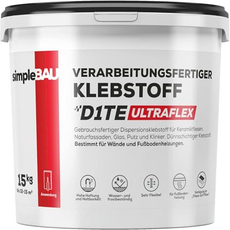 simpleBAU Klebstoff D1TE ULTRAFLEX 15kg – Gebrauchsfertiger Fliesenkleber für Innen & Außen – Flexibler Dispersionskleber für Fliesen, Naturstein, Klinker & Fußbodenheizung, Lösemittelfrei