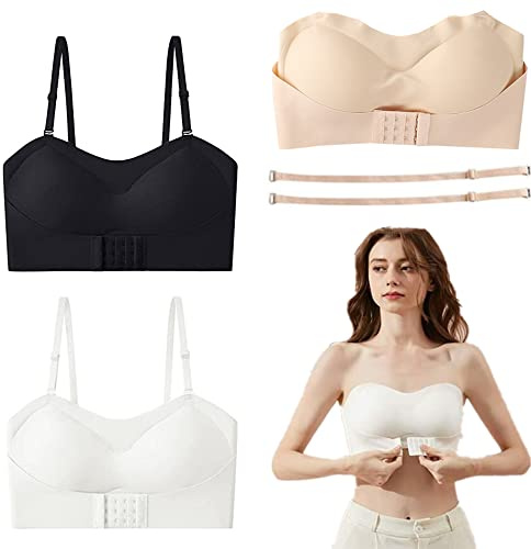 Damunderkläder axelbandslös lyftbh med frontspänne, trådfri anti-halk osynlig push-up bandeau bh med avtagbara remmar (XL, Beige)