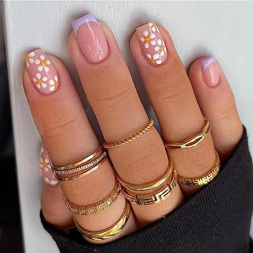 French False Nails - 24 PCS Fake Nails with Flower Designs, Peach Short, Acrylic Full Cover Nails Tips for Women Girls Nails Art (Purple)