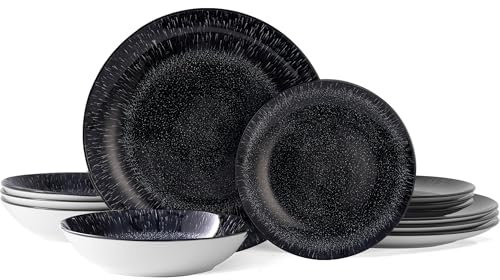 Bestone 12-Piece Round Porcelain Dinnerware Set, Service for 4, Chip Resistant Plates and Bowls,Black, Dishwasher & Microwave Safe for Home Daily Use