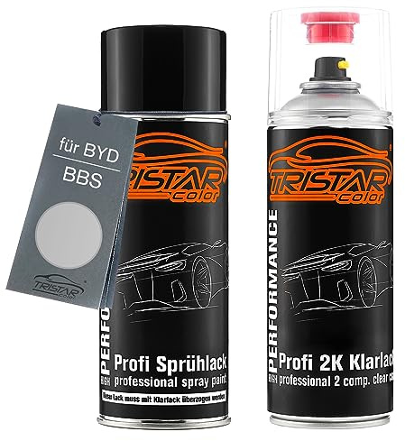 TRISTARcolor Autolack Set Spraydose für BYD BBS Elegant Silver Metallic +2K | Set aus Basislack + 2K Klarlack, Sprühdosen 400ml