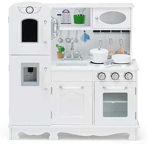 DREAMADE Kinderküche aus Holz mit Spielzubehör, Kinderspielküche mit Kühlschrank Spüle Herd Backofen, Holzküche Spielzeugküche, Spielküche mit Licht und Sound für Kinder ab 3 Jahren, Weiß
