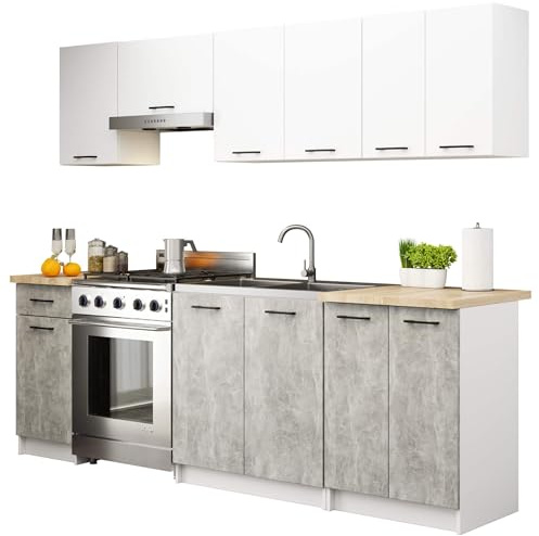 AKORD | Muebles de Cocina OLIWIA de 2.4m, modulares de 240 cm, con 11 Puertas y 1 cajón 240cm x 203cm x 46cm | Blanco y Hormigón Frente
