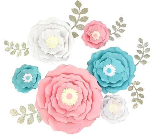Mybbshower Papierblume mit Blatt für Hochzeit, Party, Hintergrund, Kinderzimmer, Wand, Heimdekoration (35,6 cm - 12,7 cm), 6 Stück (Blush White Blue)