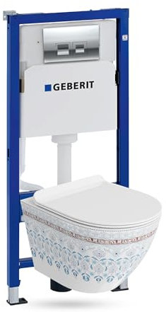 Lavita Duofix Basic Vorwandelement + Wand Tiefspül WC Sofi Slim Folklor Spülrandlos + WC Sitz + Bedienplatte Delta 25 Verchromt Knopf Komplettset Unterputz Spülkasten Toilette Komplett Sett WC