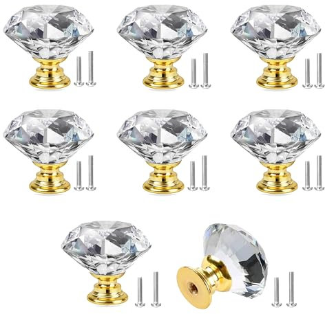 YEYIT Möbelknöpfe Kristall 8 Stück Diamant Kristallglas Moebelknopf 25 mm Schrankknöpfe Kristall Türknauf Schubladenknöpfe Knöpfe Für Kommode, Möbel, Schrank, Mit Schrauben Goldener Sockel