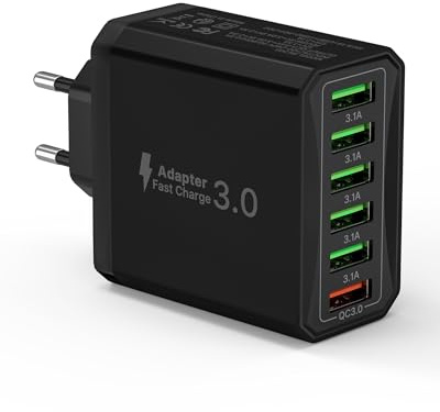 USB Ladegerät, 6-Ports Schnellladegerät Mehrfach 33W USB Netzteil mit QC 3.0 und USB 3.1A, USB Ladeadapter Ladestecker für iPhone 16 15 14 13 12 11 Pro Max SE 2020 XR XS 8 7, iPad Pro, Samsung, Handy