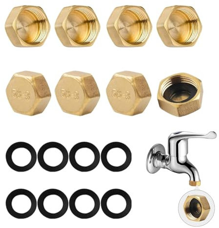 Xerteam 8 Pcs 1/2 inch Brass Blanking Caps, with 8 Rubber Washers, Female Blanking Stop Cap, Hex Brass Blanking Nut Caps, Fittings for Pipe Washing Machine Valves Radiators Sealing Caps(1/2)