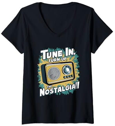 Damen Tune In, Turn Up the Nostalgia with Vintage Radio T-Shirt mit V-Ausschnitt