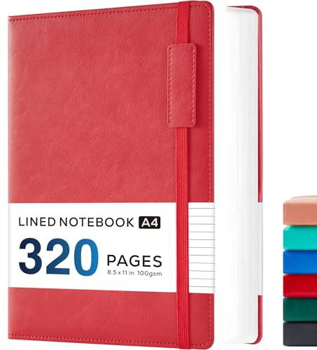 NIRMIRO A4 Notizbuch für Frauen/Männer zum Arbeiten, A4 Hardcover Notizbuch mit 100GSM liniertem Papier, 320 Seiten Schreibnotizbuch mit Innentasche, Ledereinband, 21,5 x 28 cm, Rot