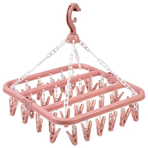 hautllaif Clothes Drying Hanger with 32 Clips, Foldable, Pink | Foldable for Travel & Space Saving, 360° Rotatable for Versatile Hanging, Ideal for Socks, Underwear, Bras & Baby Clothes