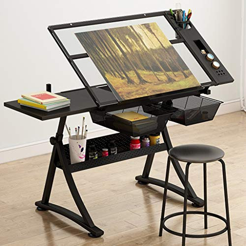 KOHARA Zeichentisch, Zeichentisch mit Stauraum, höhenverstellbarer, neigbarer Kunsttisch, Zeichentisch mit Glasplatte, für Arbeits-, Studien-, Mal- und Basteltisch