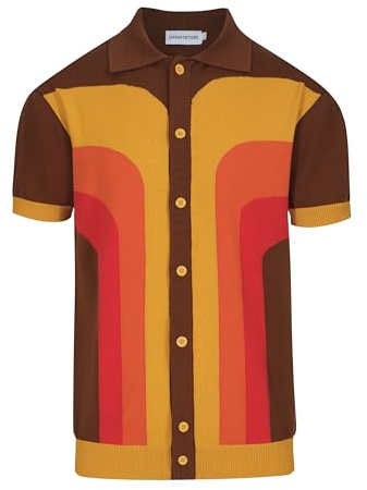 OXKnitstore OXKNIT Polo Hommes Manches Courtes Marron Jaune Décontracté Vintage Polo Button Down T-Shirt de Golf en Tricot