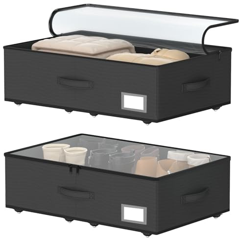 EE-RoomWorld Underbäddsförvaring med hjul, ingen montering krävs 19 cm höjd svart undersängsförvaringskorgar, stor kapacitet rullande undersängssko förvaringsbehållare, sovsal undersäng