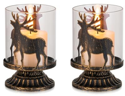 Stag Candle Holder for Christmas Table: Romadedi Set of 2 Xmas Reindeer Pillar Hurricane Tea Light Black for Centrepiece Decoration Vintage Fireplace Shelf Gifts Dinning Living Room