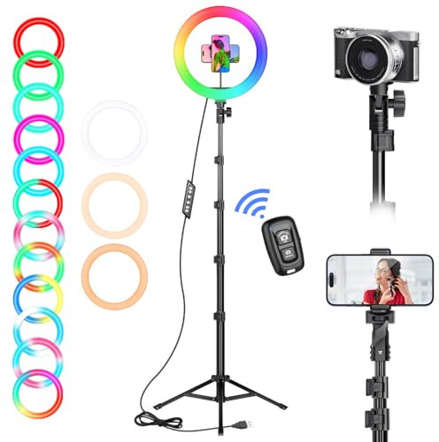 Ring Light with Tripod Stand & Phone Holder Tall 182 cm, 10 inch LED Ringlight Selfie Cicle Light Desk with Remote & Phone Clip for Camera, Video, Makeup, YouTube, TikTok