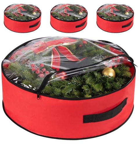 3 Pack Christmas Wreath Garland Storage Bag, Waterproof Holiday Décor Xmas Decorations Ornaments Storage Bags With Zippers and Handle Red