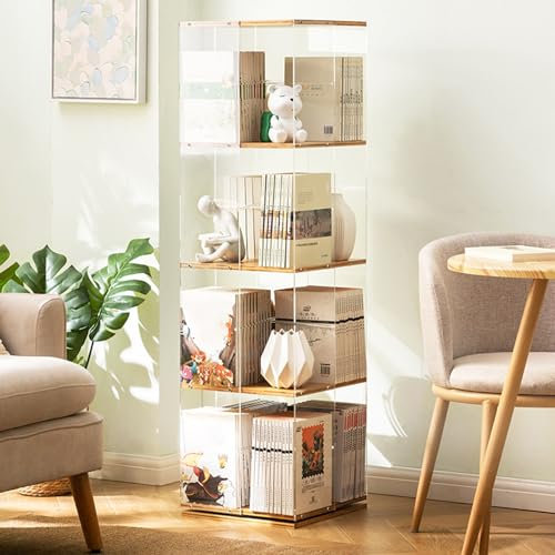 360 Grad drehbares Bücherregal mit transparentem Acryl und Bambus, ideal für Schlafzimmer, Wohnzimmer und Arbeitszimmer