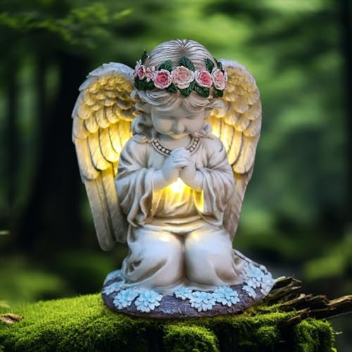 Statue da giardino a forma di angelo solare 8 angelo in preghiera resistente alle intemperie, angel sulla tomba con 3 luci LED angeli da giardino luce di tomba scultura decorativa per prato, cortile