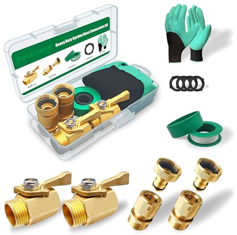 Sweezwon Solid Brass Garden Hose Accessories Kit - 2 Pack 3/4 GHT Full Flow Shut Off Valves & Quick Connects - Includes 8 Washers, Teflon Tape, Gloves | Leak-Proof, High Pressure 200 PSI