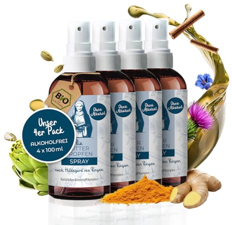 Aura vom Land Bio Premium Bitterstoffe Spray Alkoholfrei nach Hildegard von Bingen 4x100ml Set – Hochdosiertes Bitterspray Bittertropfen – 9 Natürliche Bitterkräuter Vegan – Bitter Made in Germany