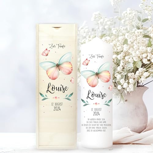 Wandtattoo Loft Taufkerze Mädchen mit Taufspruch, Motiv mit Schmetterlingen, 25cm x 7cm, personalisierte Kerze, bedruckte Kerze zur Taufe, Stumpenkerze, individuelles Taufgeschenk