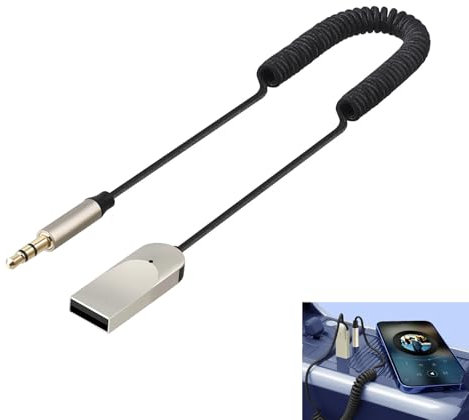 Ricevitore Bluetooth 5.4 per Auto con Jack 3.5mm, Adattatore AUX Bluetooth USB con Microfono, Audio Wireless per Auto, Vivavoce per Chiamate, Altoparlanti Stereo, Cuffie, Cavo Estensibile, Universale