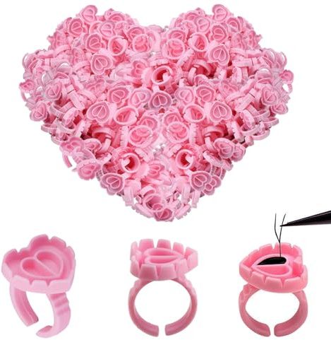 LEAYOKA 300pcs Lash Glue Rings for Eyelash Extensions - Pink Heart-Shaped Lash Glue Rings Glue Holder Cups for Volume Lashes Reusable Beauty Tool with Adjustable Finger Ring