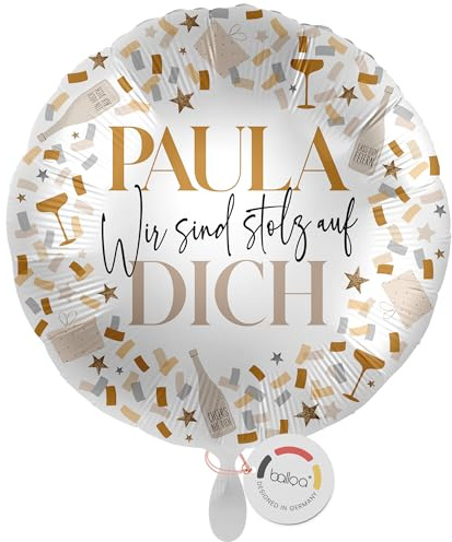 balloa Personalisierter Ballon mit Namen, Geschenk zur Anerkennung, Folienballon Wir sind stolz auf Dich Konfetti Gold Design, Helium geeignet Luftballon Deko für Frau Mann, 33cm